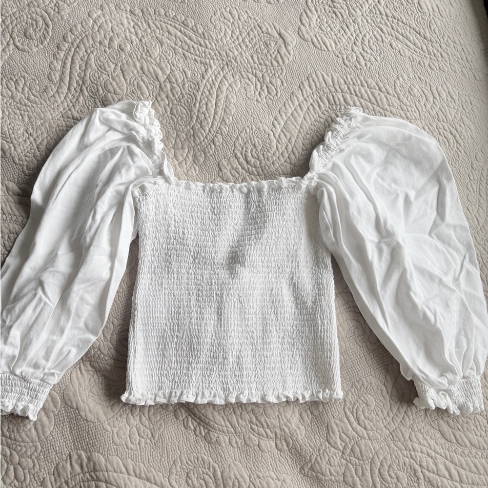 Chic White Smocked Blouse with Puff Sleeves